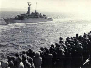 Geoff Oakey’s ship, HMS Active leaving for the Falkland Islands